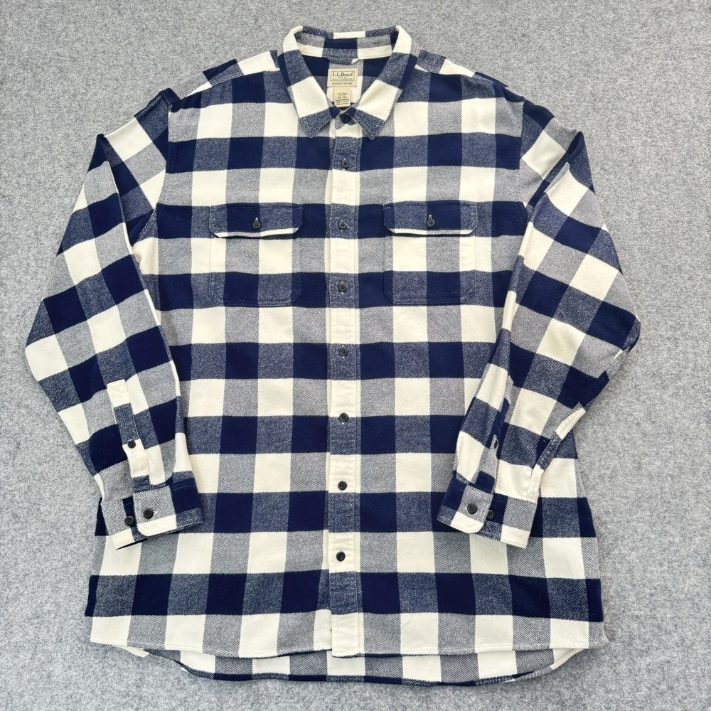 L.L.Bean Men's XL Flannel Shirt Blue White Buffalo Plaid Slightly Fitted 508923